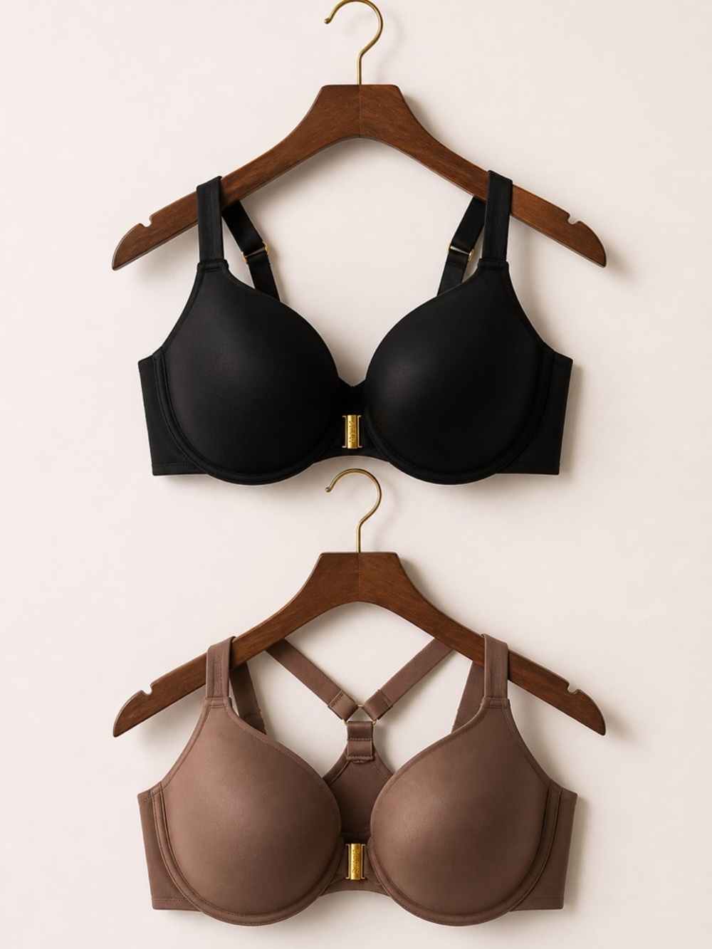 Two Front Closure Racerback Underwire Padded Full Coverage Bras Mocha & Black